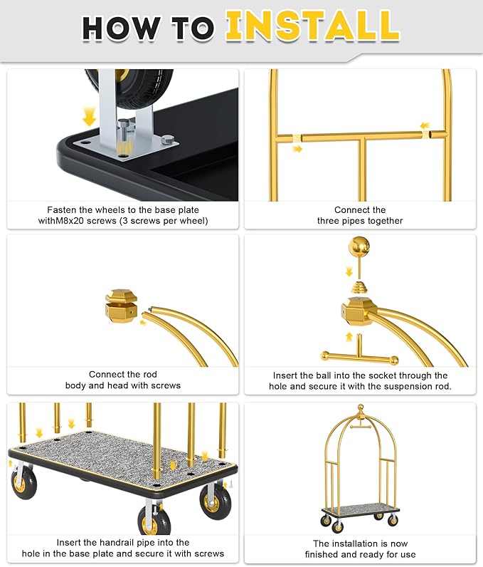 Hotel Luggage Cart Commercial Grade Brushed Stainless Steel, 900LBS Heavy Duty Bellman's Cart with 8" Rubber Wheels & Grey Carpeted Deck Luggage Trolley for Hotels Resorts (Gold, 74" X 42" X 25")