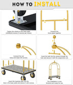 Hotel Luggage Cart, 1300LBS Load Capacity Bellman's Cart with 8" Wheels, Brushed Stainless Steel Commercial Grade Hotel Luggage Trolley with Grey Carpeted Deck for Hotels (Gold/42''L x 26''W x 74''H)