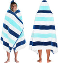 COTTON CRAFT Hooded Beach Towel – Oversized 39 x 68 Towel with Hood for Adults - 100% Ringspun Cotton Velour Terry Towel - 450 GSM - Super Soft Plush Absorbent Quick Dry Bath Wrap – Cabana Stripe Blue