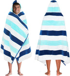 COTTON CRAFT Hooded Beach Towel – Oversized 39 x 68 Towel with Hood for Adults - 100% Ringspun Cotton Velour Terry Towel - 450 GSM - Super Soft Plush Absorbent Quick Dry Bath Wrap – Cabana Stripe Blue