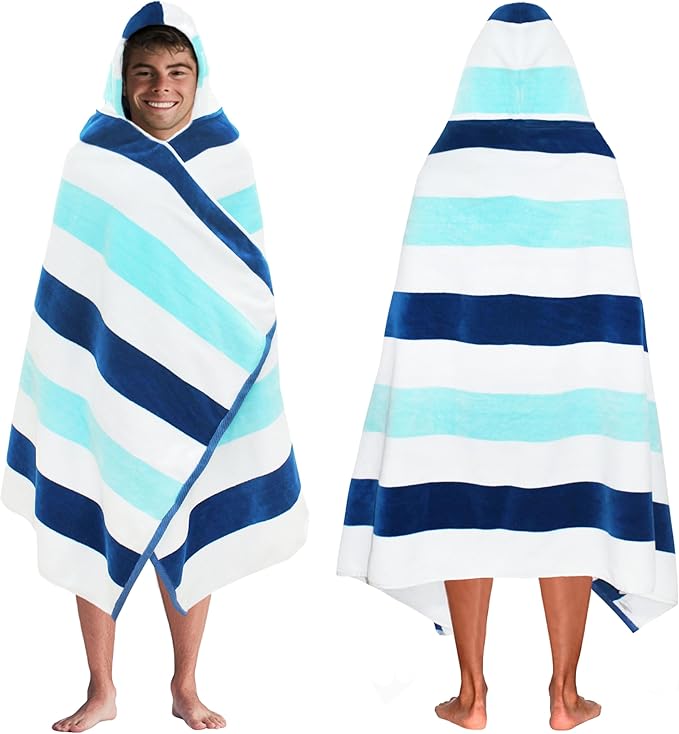 COTTON CRAFT Hooded Beach Towel – Oversized 39 x 68 Towel with Hood for Adults - 100% Ringspun Cotton Velour Terry Towel - 450 GSM - Super Soft Plush Absorbent Quick Dry Bath Wrap – Cabana Stripe Blue
