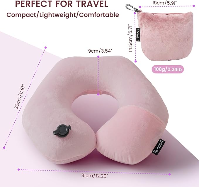 Keemall Inflatable Neck Pillow, Premium Pink U-Shaped Travel Pillow with Soft Washable Cover, Compact Portable Airplane Travel Essentials for Flight, Car and Office, Ideal Travel Gift for Women