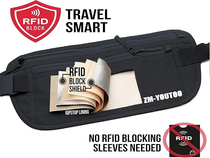 ZM-YOUTOO Money Belt for Travel - Hidden Travel Pouch Protect Your Credit and Money With RFID Blocking Passport Holder Waist Wallet (Black)