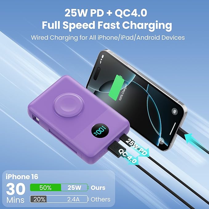 Magnetic Portable Charger for MagSafe with Built-in Cable,iWatch Charger,10800mAh Wireless Power Bank Travel Essentials,25W PD Fast Charging Battery Pack for iPhone 17/16/15/14/13,Apple Watch-Purple