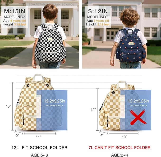STEAMEDBUN Corduroy Toddler Backpack for Girls 2-4: Kids backpack for Boys Girls - 12 inch Preschool Kindergarten Backpacks - Checkered