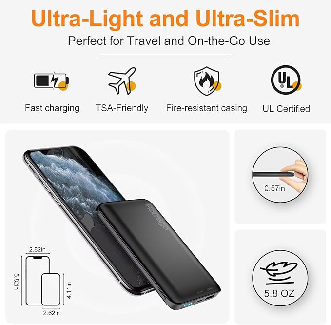Heated Vest Battery Pack, 5V 2A 10,000 mAH Ultra Slim Compact Portable Charger with USB-C Charging Cable, Rechargeable Power Bank for Men Women Heated Jacket, Pants, Clothing, iPhone,Etc