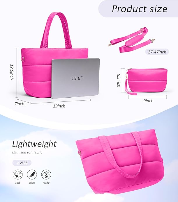 Puffer Tote Bag for Women, Lightweight Puffy Tote with Compartments, Shoulder Bag Crossbody Bags for Women Travel, Work, Gym