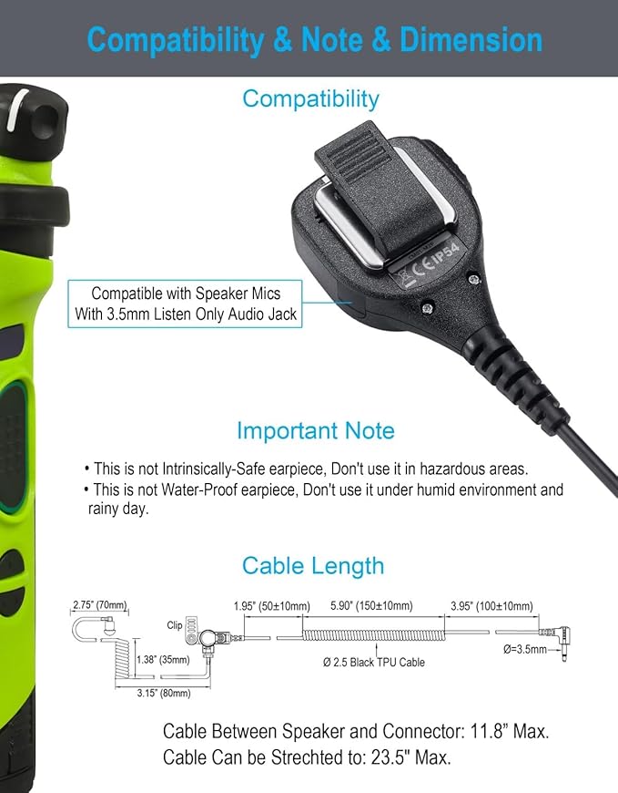 commountain 3.5mm Listen Only Earpiece Compatible with Speaker Mic, Acoustic Tube Receive Only Headset with 3 Earmolds, for Police Security and Law Enforcement Use