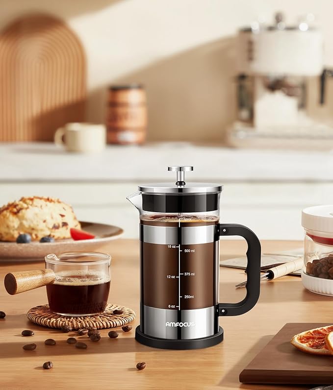 AMFOCUS French Press Coffee Maker 21 oz, 4-Level Filtration System, Premium Heat-Resistant Borosilicate Glass Teapot, Portable Coffee & Cold Brew Maker for Home, Travel, Camping - Ideal Gift