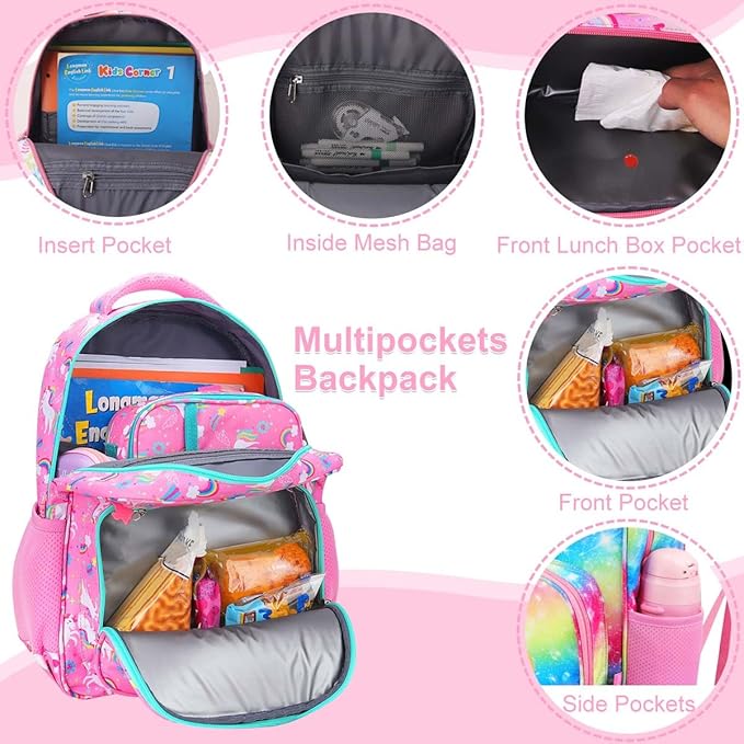 RHCPFOVR Kids Backpack for Girls - Girls Backpack 3-8 Ages Unicorn for Kids 15 Inch School Bookbag for Kindergarten Elementary School Bookbag for Girl 1st 2nd Grade