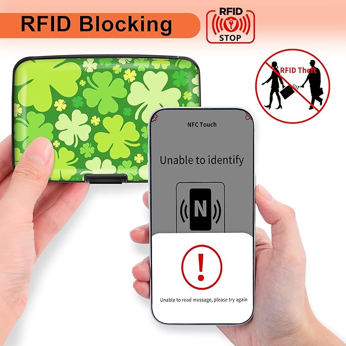 Mayski Credit Card Holder, RFID Blocking, Aluminum Alloy Hard Case, Small Mini Business Metal Wallet for Women Men, Lucky Clover