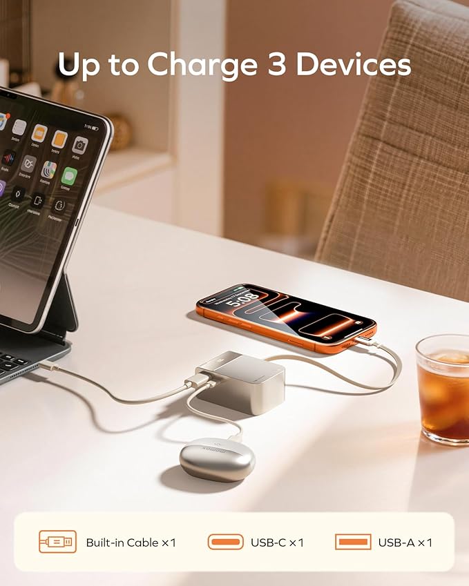 MOMAX 10000mAh Portable Charger Power Bank with Retractable Cable, 45W Fast Charging Battery Pack 2 USB-C+A Ports,LED Power Display, Flight Friendly Powerbank for iPhone 17/16/15 Series(Gold)