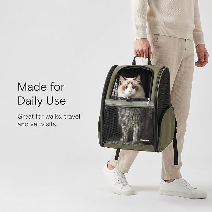 Cat Backpack Carrier for Small Dogs and Medium cat Puppy Kitten Bunny Pet Carrier Backpack Collapsible with Fully Ventilated Mesh with Safety Leash (DarkGreen, 12.9" L x 10.62" W x 15.5" H - M)