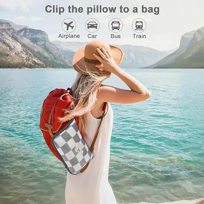 Travel Blanket and Pillow Compact, Premium Soft 2 in 1 Airplane Blanket with Soft Bag Pillowcase，Hand Luggage Sleeve and Backpack Clip (Grey Checkered)