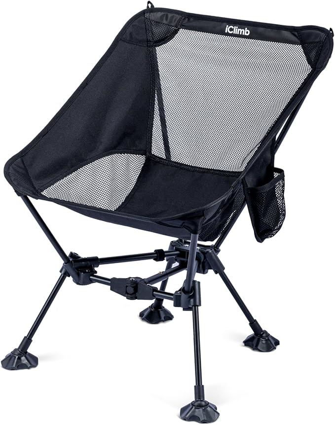 iClimb Ultralight Compact Camping Folding Beach Chair with Anti-Sinking Large Feet and Back Support Webbing (Black - Triangular Frame)