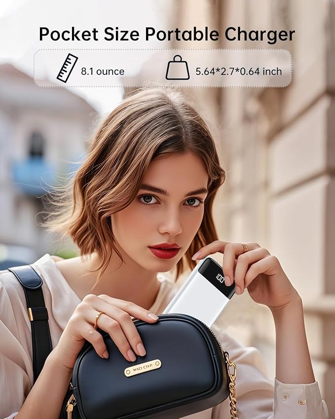 Portable Charger with Built-in Cables 10000mAh Power Bank with Cords, Slim Battery Pack with LED Display, Travel Essential Portable Charger for iPhone 17/16/15/14 Series, Android Samsung Google Pixel
