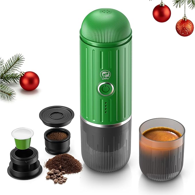 i Cafilas Fast self-heating Portable Electric Espresso Coffee Maker, 2 IN 1 Extraction Espresso Machine, Support Ground Coffee and NS capsule, for Travel,Car,camping,Climbing（Green） Rich Crema