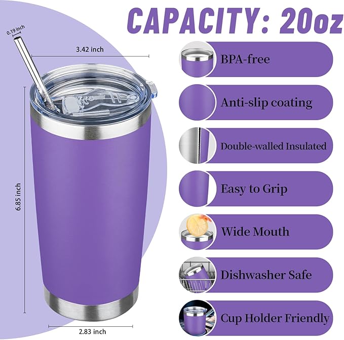 20 oz Tumbler with Lids and Straws, Stainless Steel Insulated Travel Coffee Mug, Double Wall Vacuum Insulated Tumblers, Powder Coated Coffee Tumbler for Cold & Hot Drinks (Mix Color-2, 4 Pack)