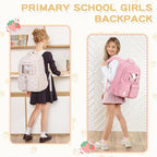 PIG PIG GIRL Corduroy Backpack Kids Backpack for Girls School Bags for Middle School Students Book Bag for Elementary Primary Kawaii Ita Backpack, Beige Strawberry