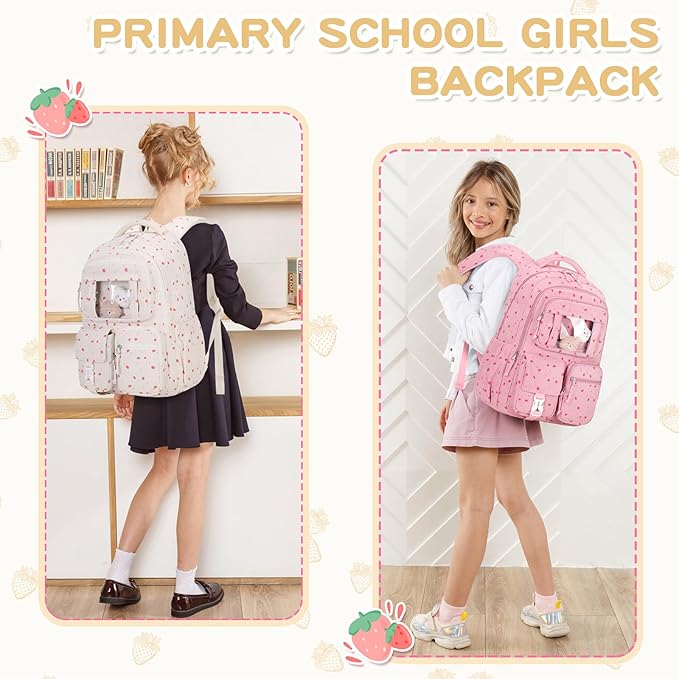 PIG PIG GIRL Corduroy Backpack Kids Backpack for Girls School Bags for Middle School Students Book Bag for Elementary Primary Kawaii Ita Backpack, Beige Strawberry