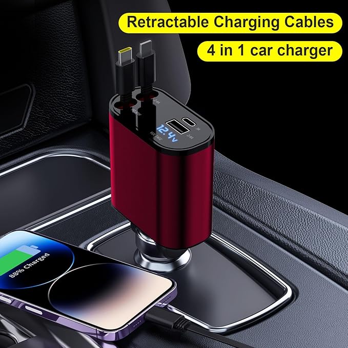 69W Fast Charging USB C Car Charger, 4-in-1 Retractable Phone Charger for iPhone 17, Travel Essentials, Gifts for Women Men, Car Accessories for Women Men, for iPhone 17 16 15 14 13, Galaxy, Pixel