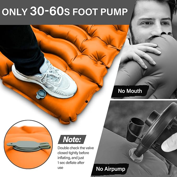 FUN PAC Camping Sleeping Pad, Ultralight Camping Mat with Pillow Built-in Foot Pump & Pillow, Upgraded Compact Camping Air Mattress for Tent, Backpacking-Orange