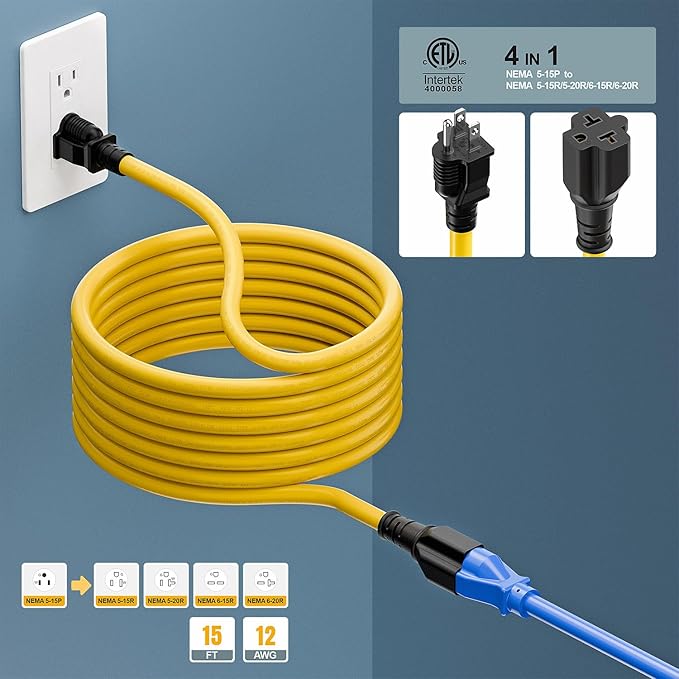 [15-Feet] NEMA 5-15P to 5-15R/ 5-20R/ 6-15R/ 6-20R AC Adapter, Plugrand 12AWG 15 Amp Household AC Plug to 20 Amp T Blade Adapter Cable, 15A 125V to 20A 250V Extension Cable, 15FT