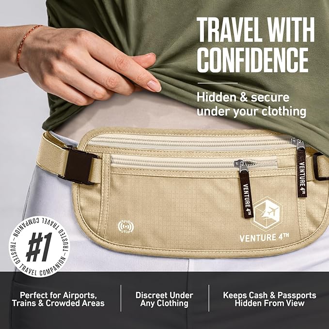 VENTURE 4TH RFID Money Belt for Travel with RFID Blocking Sleeves – Slim Hidden Travel Wallet & Passport Holder for Men & Women, Lightweight Anti-Theft Pouch to Protect Cash, Cards & Documents - Beige