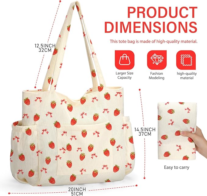 Corduroy Tote Bag for Women,Large Capacity Cute Tote Bags With 6 Pockets,Crossbody Shoulder Handbag for Work Travel Gym