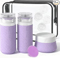 Travel Bottles for Toiletries 2oz 60ml 2 Pack + Cosmetic Jar 40ml 1.35oz Luxury Leather Pattern, Anti-slip Silicone Premium Refillable Bottle Set with Facial Brush On-the-go, Lavender Purple