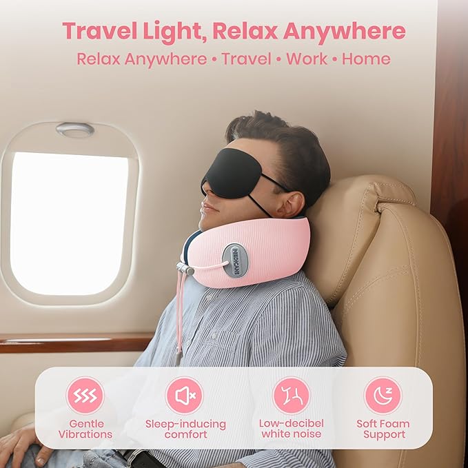 Medicane Pink Neck Travel Pillow with Massage, Neck Massager with Heat & Gentle Vibration Massage with Ergonomic Foam,Perfect for Airplane,Car,Office,Pain Relief,Sleeping,Traveling,Long Flight