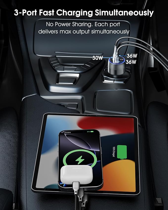 [3 in 1] USB C Car Charger 102W Super Fast Charging Adapter,3-Port PD PPS Car Charger with Ventilation Design, Dual 36W USB-C & 30W USB-A Ports for iPhone 17/16/15/14, Samsung Galaxy, iPad,Laptop