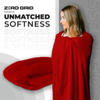 Zero Grid Lightweight Travel Blanket – Premium Compact Wearable Airplane Blanket with Neck Snaps, Cozy Foot Pockets, Zipper Pouch, converts to Soft Pillow for Ultimate Comfort - Scarlet