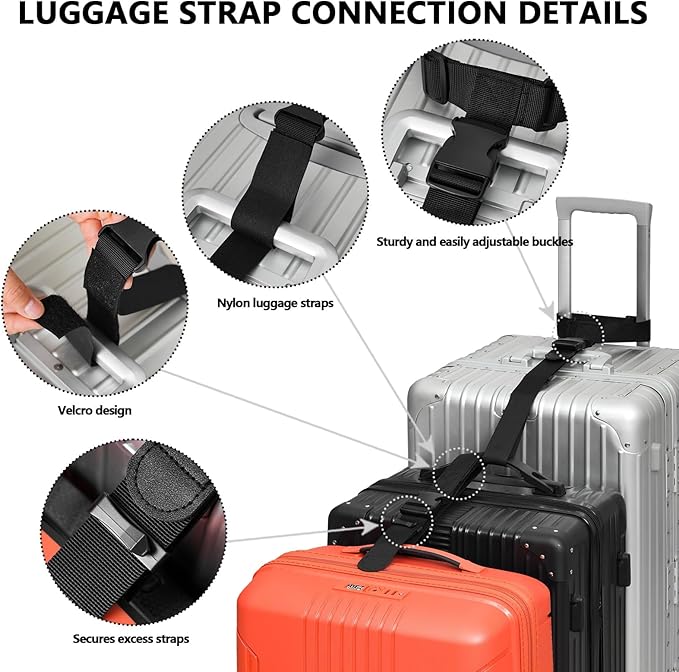 BILIONE Luggage Connector Straps, Suitcase Straps to Connect 3 Suitcases ＆ Add A Bag, Luggage Straps for Suitcases Adjustable Buckle Belt (Black, 2 Pack)