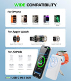 Magnetic Portable Charger, 10000mAh MagSafe Power Bank Fast Charging with Stand, 3 in 1 Travel Essential Wireless Charger Station for iPhone 17/16/15/14/13/12, Apple Watch, Airpods, White
