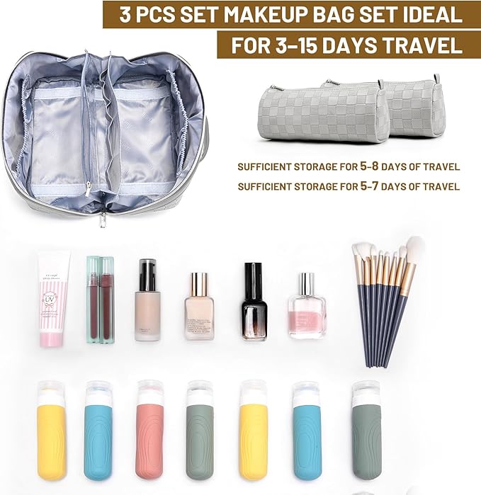 BOYATU Travel Makeup Bag Organizer: 3 Pcs Set Large Capacity Cosmetic Bags Holds 10–20 100ml Full-Size Bottles - 180°Open-Flat Make up Case 3-sec touch-up - Toiletry Bag Gift women (03-A-Gray)