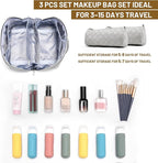 BOYATU Travel Makeup Bag Organizer: 3 Pcs Set Large Capacity Cosmetic Bags Holds 10–20 100ml Full-Size Bottles - 180°Open-Flat Make up Case 3-sec touch-up - Toiletry Bag Gift women (03-A-Gray)