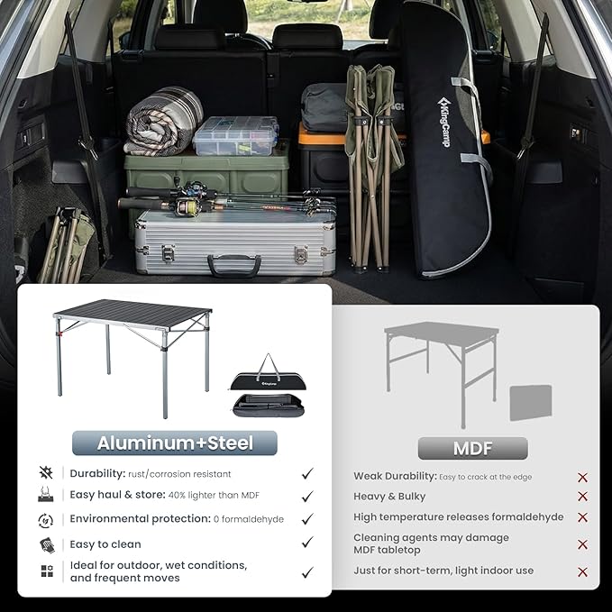 KingCamp Aluminum Folding Camping Table, 42.1" Foldable Lightweight Roll Up Camp Table Heavy Duty 2-6 People Portable Table for Camping Picnic BBQ RV, Indoor & Outdoor, Silver Black