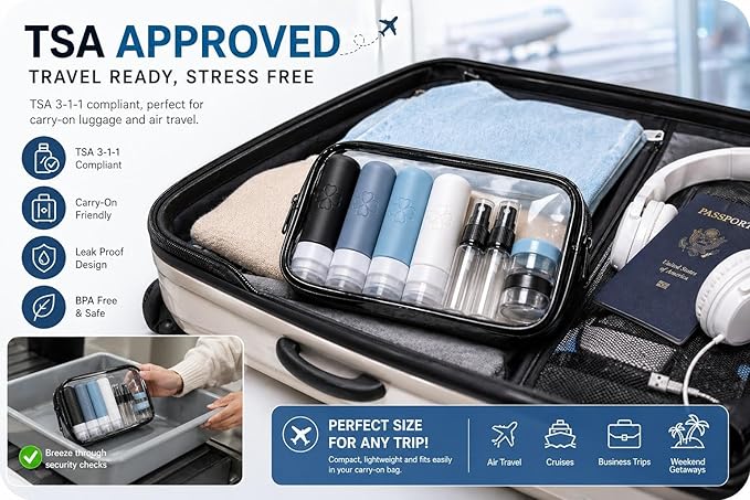 18 Pack TSA Approved Travel Bottles for Toiletries – Leak Proof Silicone Refillable Containers Set with Toiletry Bag, Squeeze Bottles, Spray Bottles & Cream Jars for Shampoo, Conditioner & Lotion