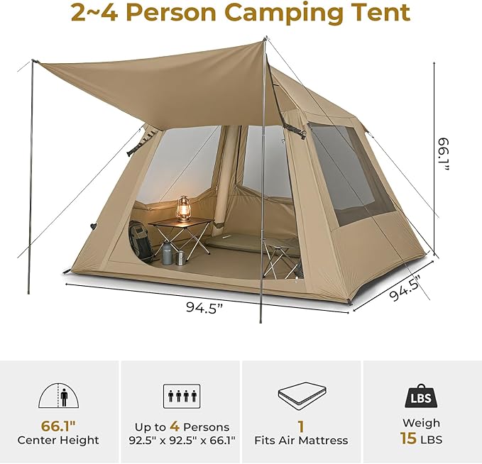 VINGLI Inflatable Camping Tent, All-Weather Inflatable Hot Tents with Stove Jack, Blow Up Tent for Camping with Mesh Doors & Windows, Inflatable Air Tents for Camping Adult