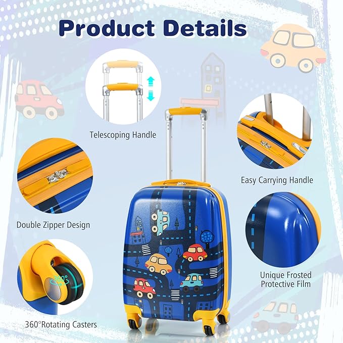 BABY JOY 2 PC Kids Carry On Luggage Set, 12” Backpack & 18” Toddler Suitcase, Hard Shell Travelling Case & Backpack w/ 4 Rotating Casters, Cute Rolling Trolley Case for Boys & Girls (Car)