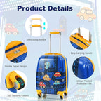 BABY JOY 2 PC Kids Carry On Luggage Set, 12” Backpack & 18” Toddler Suitcase, Hard Shell Travelling Case & Backpack w/ 4 Rotating Casters, Cute Rolling Trolley Case for Boys & Girls (Car)
