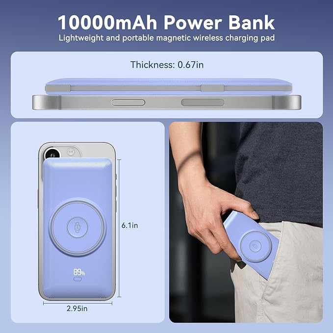 Magnetic 10000mAh Portable Charger for iWatch & iPhone, PD Fast Charging Wireless Power Bank Built-in Cables and Wall Plug, External Travel Battery Pack Compatible with iOS Android Phones