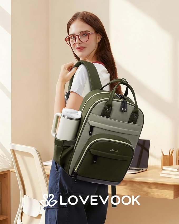 LOVEVOOK Laptop Backpack Women with Giant Cup Holder,15.6 inch Work Travel Backpack Computer Laptop Bag,Cute College Nurse Teacher Backpack Purse,Gift for Women & Men,Olive green-Bean green-Kelp green