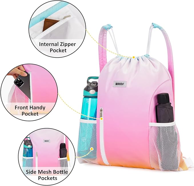 WANDF Drawstring Backpack with Shoulder Pad Sports Gym Backpack with Mesh Pocket String Bag for Women Men((Rainbow)