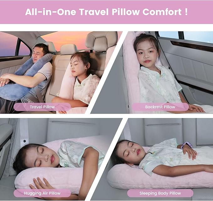 Keemall Car Pillow for Kids, Professional Inflatable Kids Car Pillow for Sleeping Carseat Travel - Safe, Reliable - Inflatable Travel Pillows for Kid Adult Car Seats Pink