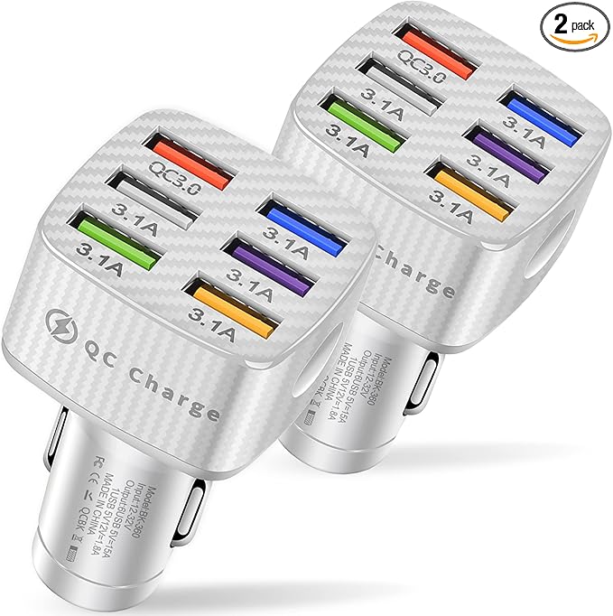 Amiss Car Charger Adapter, 6 USB Multi Port, Fast Charger, Include QC 3.0 and 5 Other Ports, Car Interior Accessories, Fit for iPhone 13/12/11/pro, Samsung Galaxy/Note S10/S9/S8 - White（2PCS）
