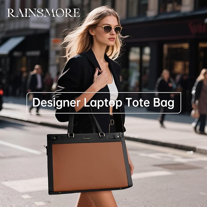 RAINSMORE Laptop Bag for Women 15.6 Inch PU Vegan Leather Work Tote Bag Waterproof Womens Briefcase Designer Computer Bags for Office Teacher College Travel Large Tote Purse Professional Black & Brown