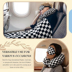 HunnmingRe 5 Pcs Travel Pillow and Blanket Set, 5 in 1 Travel Airplane Compact Includes 40 x 60 Inch Throw Blanket Eye Mask Neck Pillow Earplug and Bag Gifts for Travelers Women(Checkered,Black)