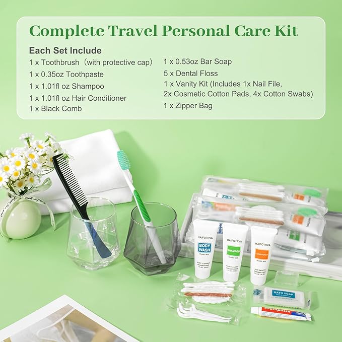 5 Sets Travel Toiletries Kit Bulk, 9-in-1 Disposable Personal Hygiene Kit with Toothbrush,Toothpaste,Floss,Shampoo,Shower Gel,Conditioner,Soap,Comb, and Vanity Kit for Hotel Guest Donations Supplies